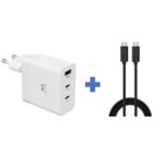 EWENT Caricabatterie rapido USB-C 3 porte 65W per laptop, MacBook, smartphone, tablet, iPhone + Cavo USB C PD da 100 W