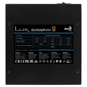 Aerocool LUX 650W 20+4 pin ATX Nero