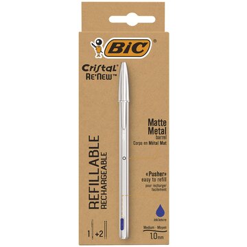 Bic Cristal Re'New, Penna Ricaricabile Blu a Sfera, Fusto in Metallo (Punta 1mm), Confezione 1 Penna + 2 Ricariche