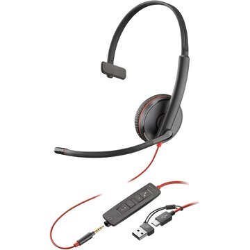 HP POLY Blackwire 3215 Monaural USB-C Headset +3.5mm Plug +USB-C/A Adapter