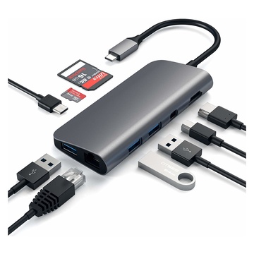 Satechi Adattatore Multimediale C Alluminio con 4K HDMI, Mini DisplayPort, USB PD, Gigabit Ethernet, USB 3.0, Slot schede Micro/SD Grigio siderale
