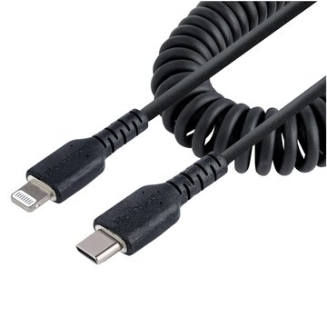 STARTECH Cavo USB-C a Lightning da 1m Certificato MFi, Cavetto iPhone Spiralato di Ricarica/Alimentazione, Resistente Cavo USB Tipo C a Lightning con Fibra Aramidica e Rivestimento TPE , Cavo Caricatore Nero