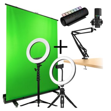 Streamplify Light 10 10 W + SCREEN LIFT Verde Alluminio + Light 14 anello di illuminazione LED + Microfono MIC RGB, USB-A, nero - braccio per microfono incluso