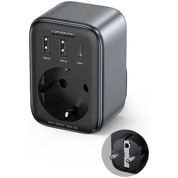 Ugreen Caricatore USB da muro 30W Diginest, GaN, 1x Type-C, 2xUSB3, 1x Schuko, Black