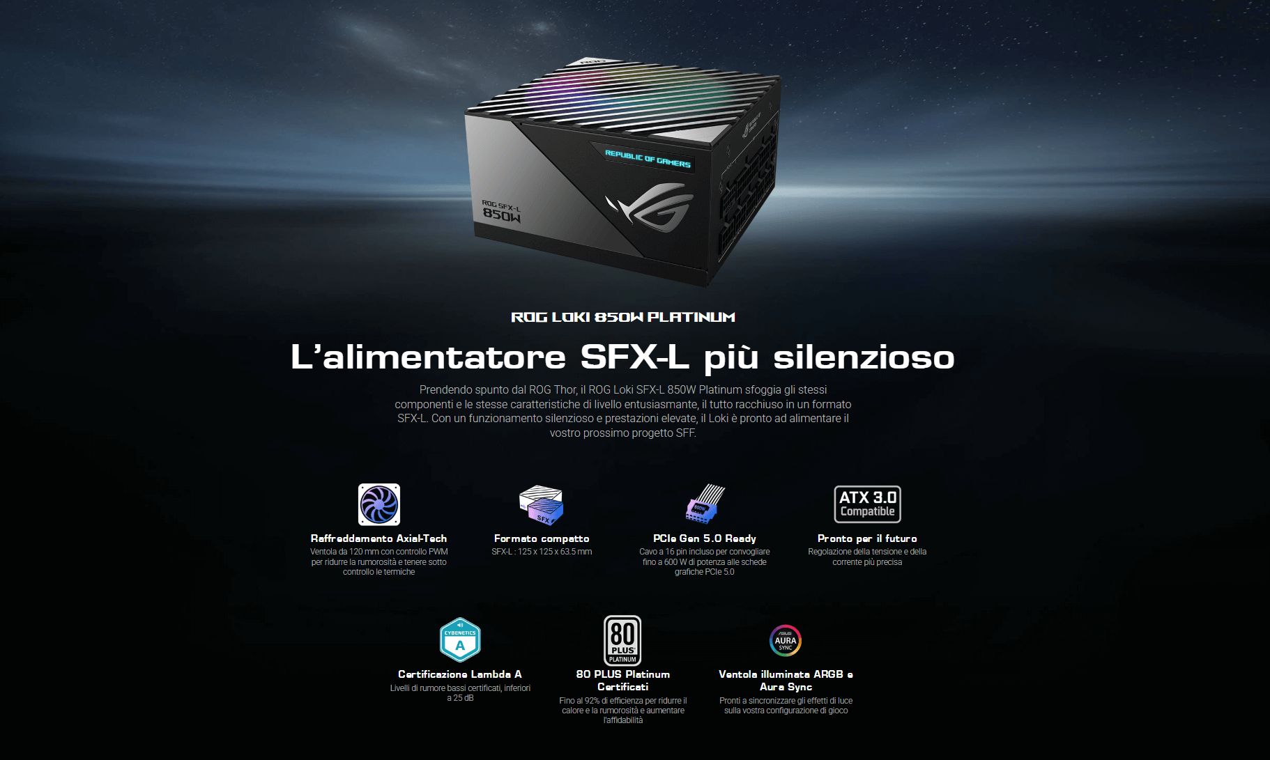 Template Asus ROG Loki SFX-L 850W Gaming Alimentatore modulare, certificato 80+ Platinum e Lambda A, ventola ARGB PWM da 120 mm, Aura Sync, compatibile ATX 3.0 e PCIe 5.0