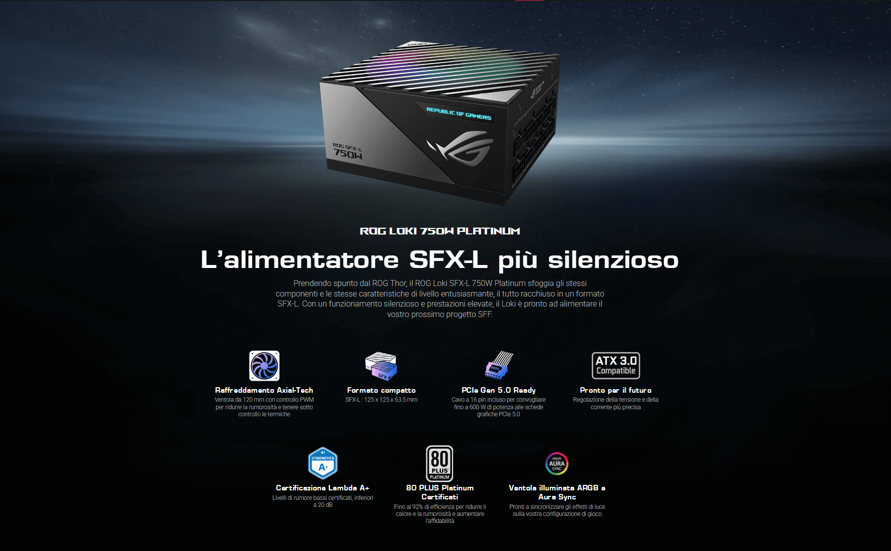 Template Asus ROG Loki SFX-L 750W Gaming Alimentatore modulare, certificato 80+ Platinum e Lambda A, ventola ARGB PWM, Aura Sync, compatibile ATX 3.0 e PCIe 5.0