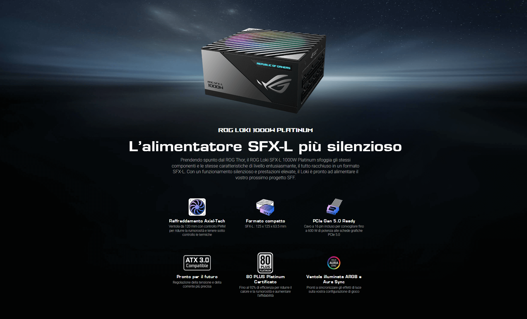 Template Asus ROG Loki SFX-L 1000W Gaming Alimentatore modulare, certificato 80+ Platinum e Lambda A, ventola ARGB PWM, Aura Sync, compatibile ATX 3.0 e PCIe 5.0
