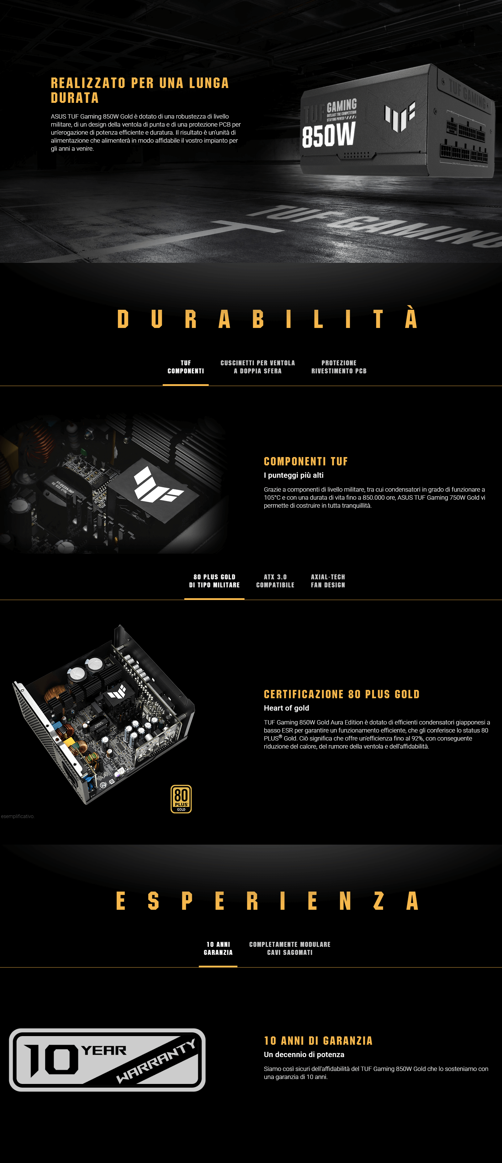 Template Asus TUF Gaming 850W modulare 80+ Gold ventola assiale rivestimento PCB ATX 3.0
