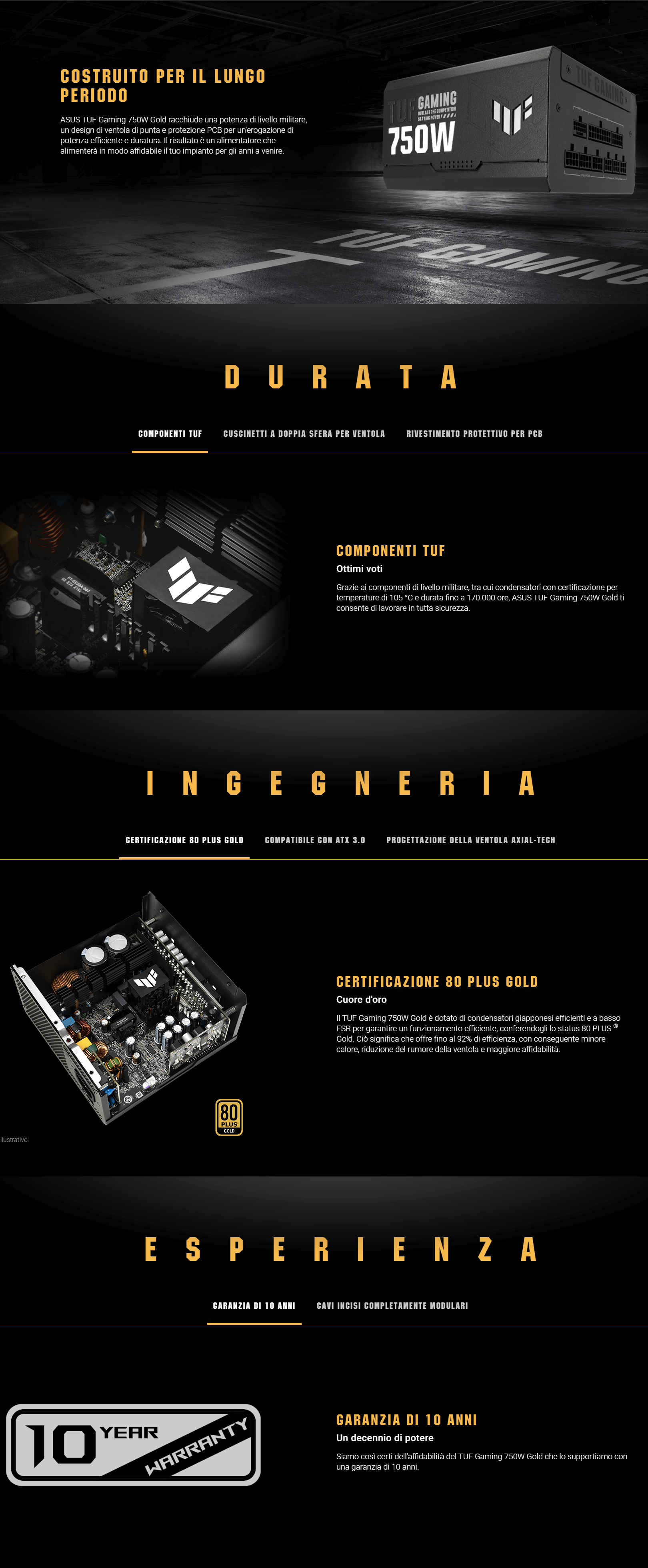 Template Asus TUF Gaming 750W Alimentatore modulare, certificato Gold, ventola assiale, rivestimento PCB, compatibile con ATX 3.0