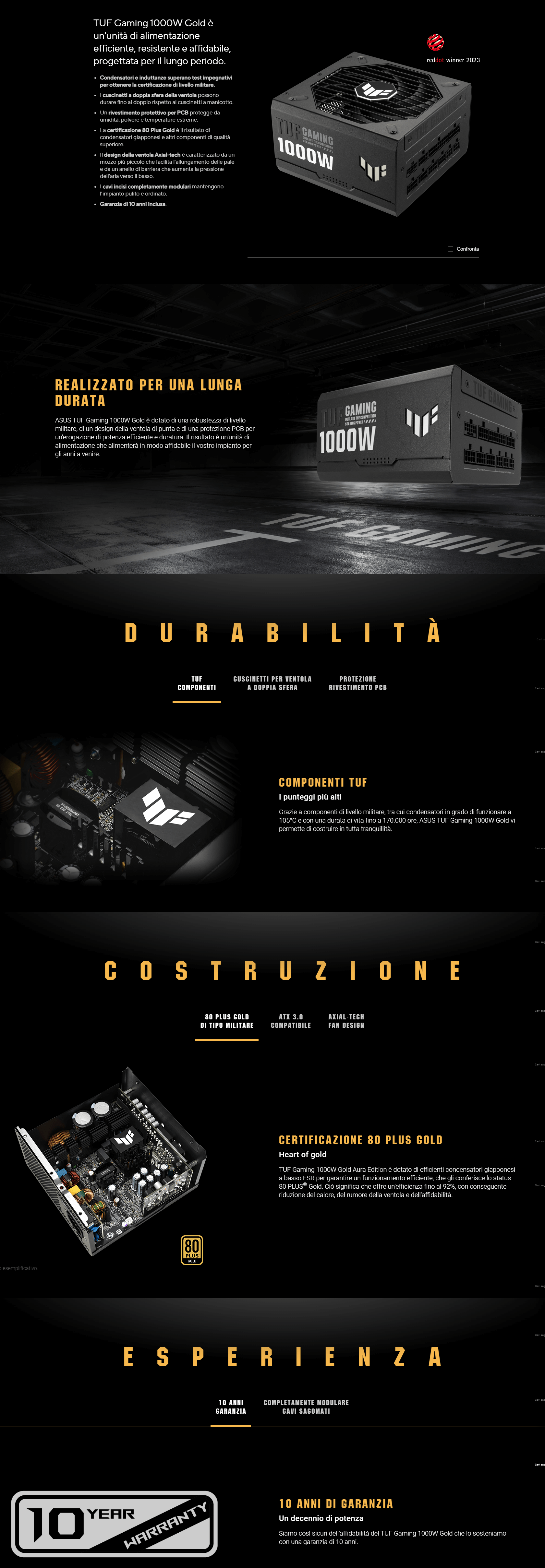 Template Asus TUF Gaming 1000W 80 + Gold Alimentatore modulare, certificato Gold, ventola assiale, rivestimento PCB, compatibile con ATX 3.0