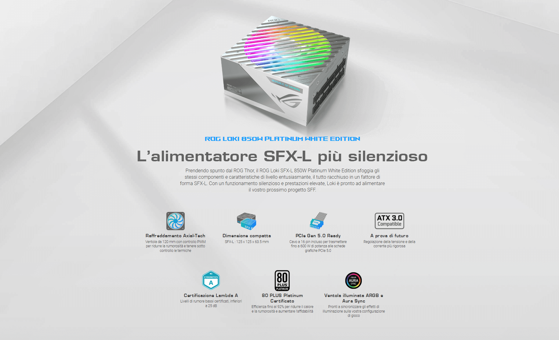 Template Asus ROG Loki 850W Platinum, Alimentatore completamente modulare, 80+ Platinum Lambda A, compatibile ATX 3.0, supporto PCIe 5.0, Ventola ARGB PWM da 120 mm, Aura Sync, Bianco
