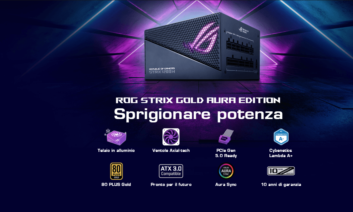 Template Asus ROG Strix 1200W Gold Aura Edition Alimentatore completamente modulare 80+ Gold e Cybenetics Lambda A+, ATX 3.0, PCIe Gen 5.0 Ready, Ventola Axial-tech, Aura Sync