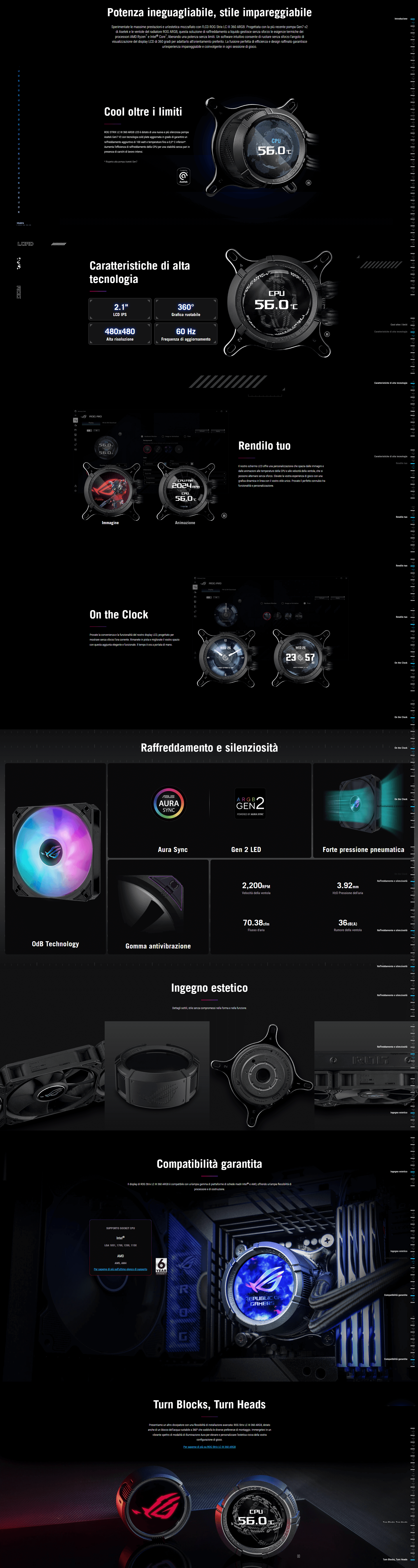 Template Asus ROG Strix LC III ARGB LCD All-in-One Raffreddamento ad acqua, display LCD IPS da 5,3 cm, pompa Aseteks Gen 7 V 2, 3 ventole ROG ARGB, 2200 giri/min, 3,92 mm H2O, 70,38 CFM, tecnologia 0dB