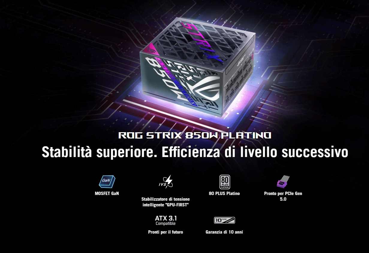 Template Asus ROG Strix 850P Gaming, Alimentatore Modulare per PC, 850W di Potenza, PCle Gen 5.0, 80 Plus Titanium, Standard ATX 3.1, Ventola con Doppio Cuscinetto a Sfera