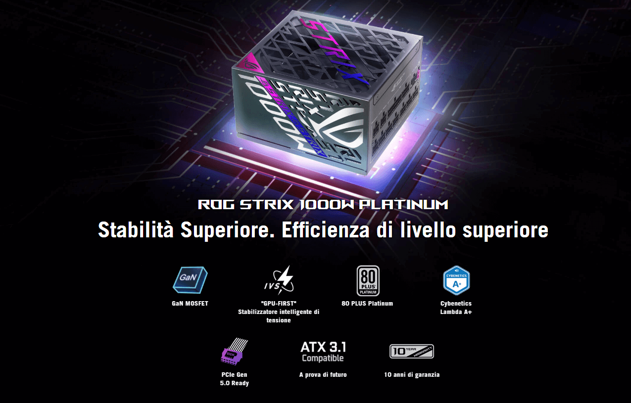 Template Asus ROG Strix 1000P Gaming, Alimentatore Modulare per PC, 1000W di Potenza, PCle Gen 5.0, 80 Plus Platinum, Standard ATX 3.1, Ventola con Doppio Cuscinetto a Sfera