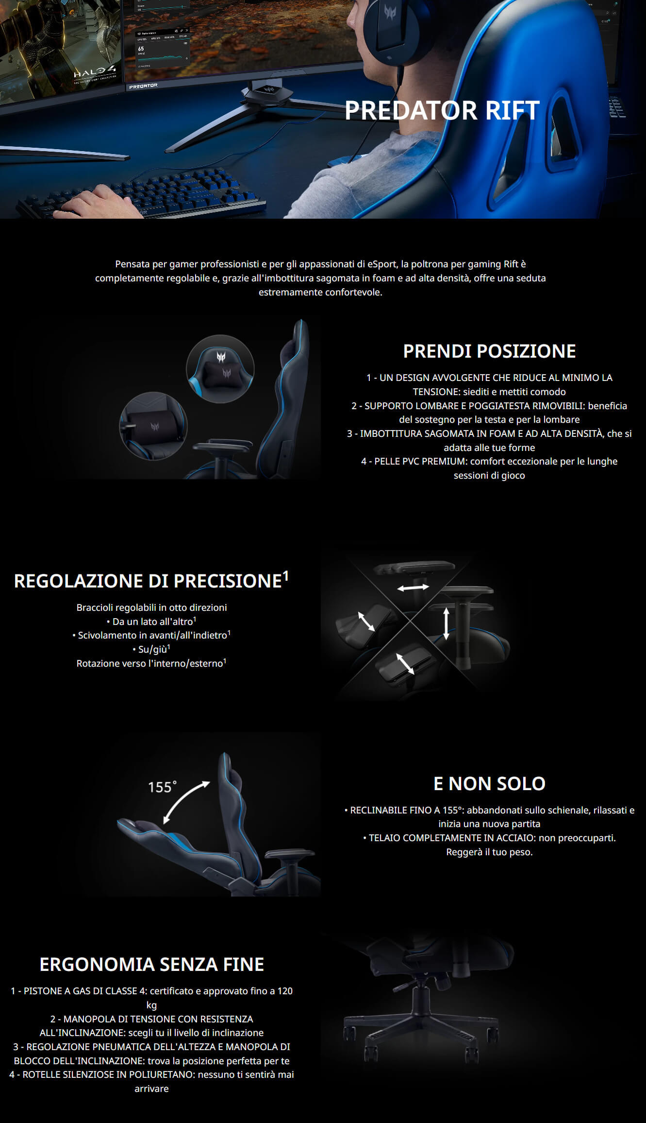 Template Acer PREDATOR RIFT Sedia da gaming per PC Seduta imbottita Nero, Blu