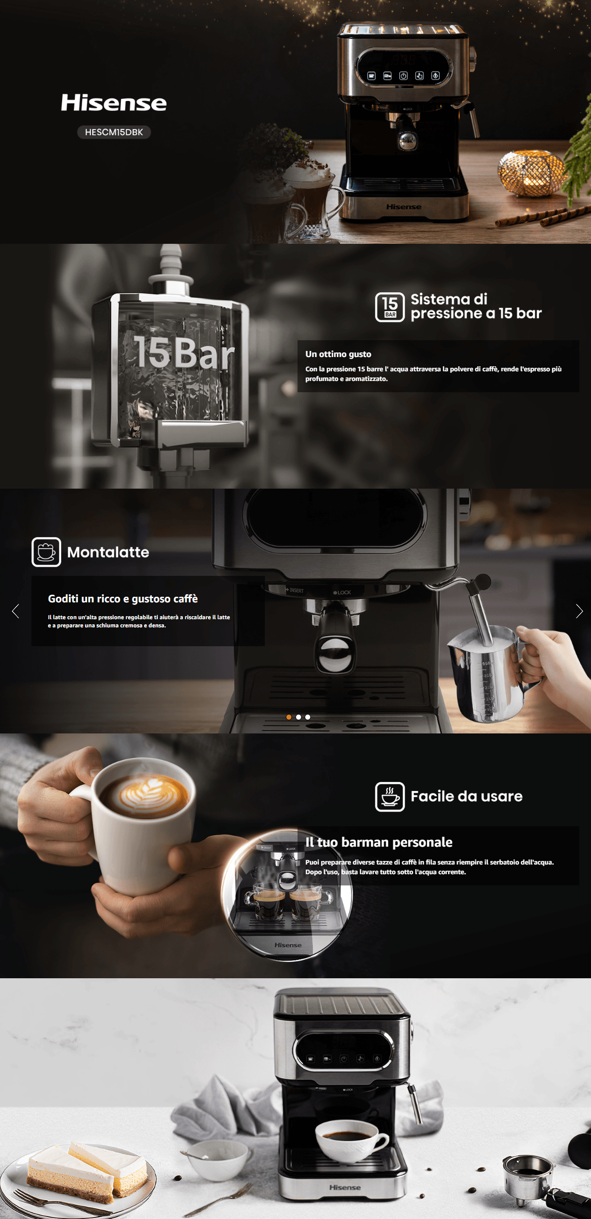 Template HISENSE Macchina da caffè espresso manuale, macinato e compatibile con cialde ESE 44 mm, Pressione 15 bar, Schermo Touch, 1100W, Silver