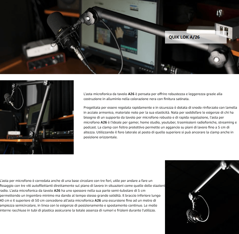 Template Quik Lok A/26 BK Asta Regolabile Broadcast compreso di cavo XLR da 5 metri