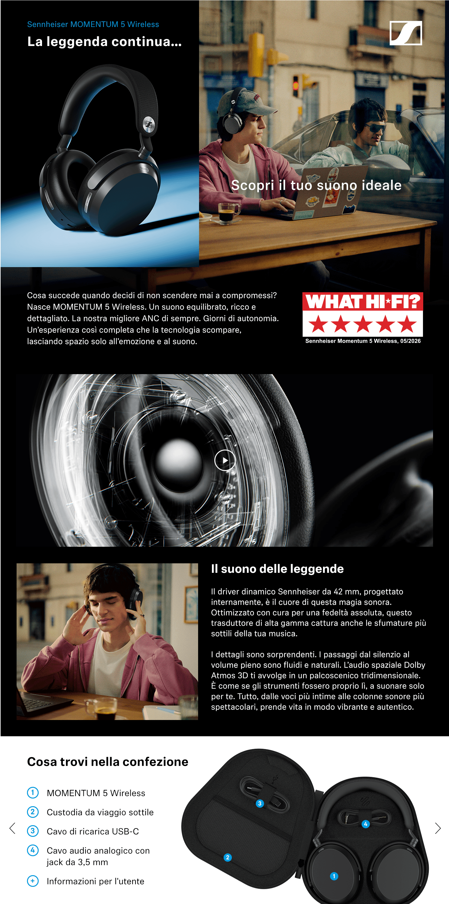 Template Sennheiser Momentum 5 Cuffie wireless – Cuffie Bluetooth per chiamate di alta qualità, cancellazione adattiva del rumore (ANC), 57 ore di autonomia colore nero